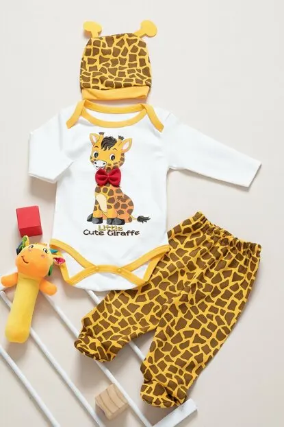 Baby Set Unisex Cute Animal Printed Cotton Long Sleeve 3'lü Set Male Girls Girls Clothing Ladybug Bee Giraffe Cute