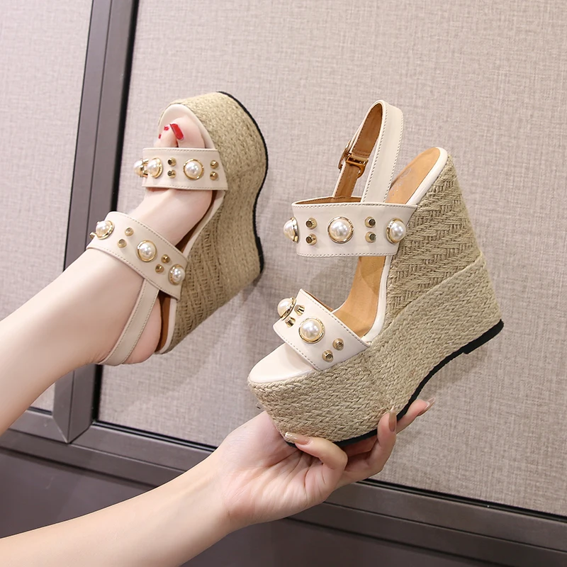 Sandals women Super High Heel wedge15cm summer platform shoes Party  evening dress shoes comfortable wedding   pearls shoes