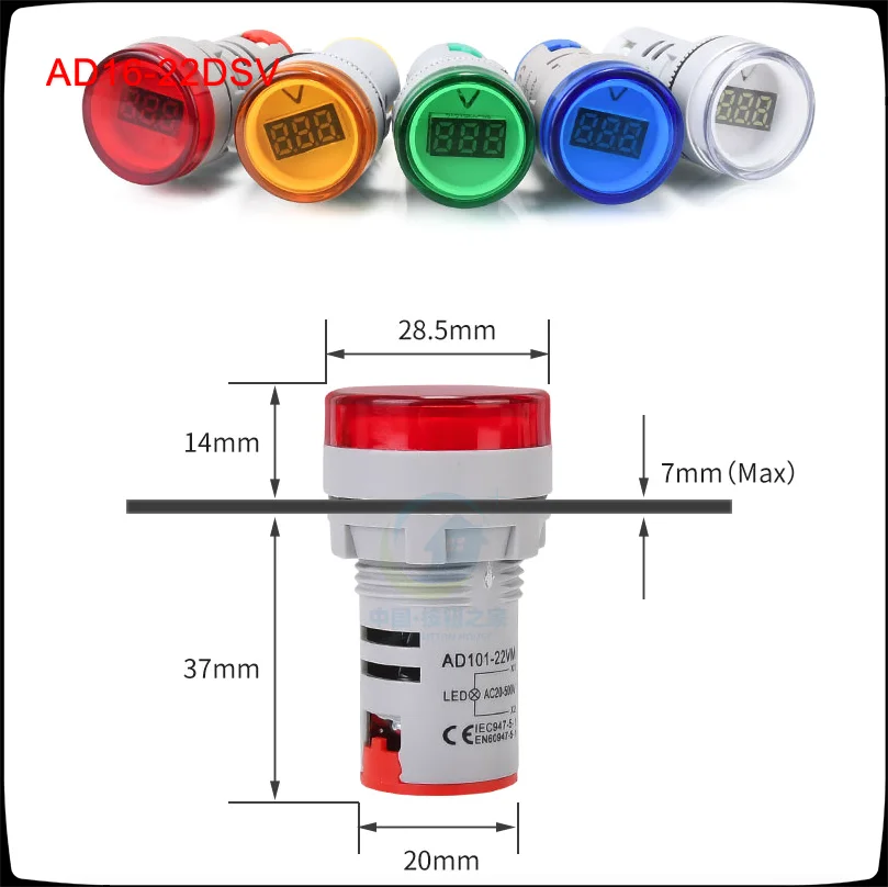 Mini compteur de tension AD16-22DSV 22mm AC60-500V, indicateur lumineux rouge, vert, jaune, bleu, blanc, 5 pièces/lot