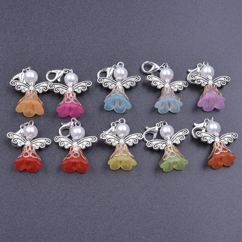 10pcs Angel Wings Charms For Jewelry Making DIY Keychain Resin Flower Fashion Pendant Mixed Colorful Accessories Lobster Clasp