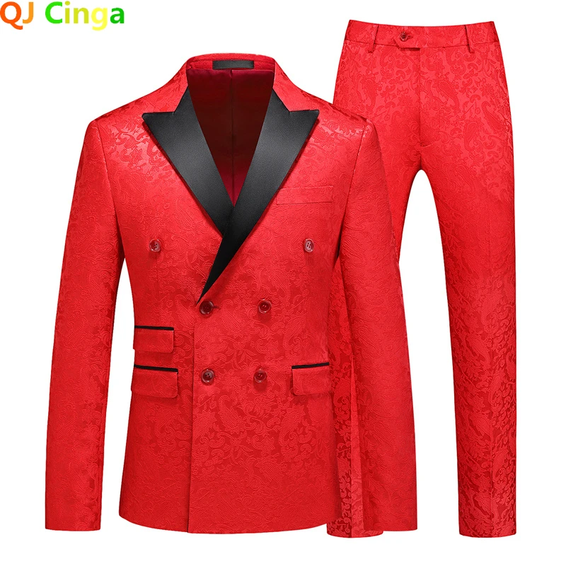 

Red Men's Double Breasted Suit 3 Piece, Tuxedo Wedding Party Dress Coat Trousers Vest, High Quality Terno Masculino Asian Size