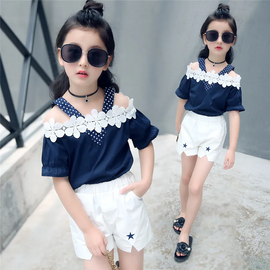 Girl Clothes Sets Summer Child Baby off shoulder T shirt+Bow Short Pants 2pcs Kids Outfits Set 8 9 10 12 Years