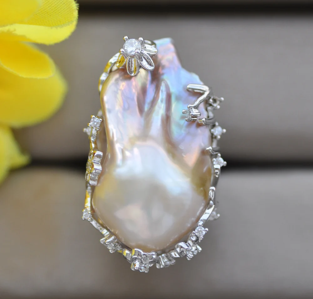 Z10743 Big 32mm Lavender Baroque Keshi Pearl Ring CZ