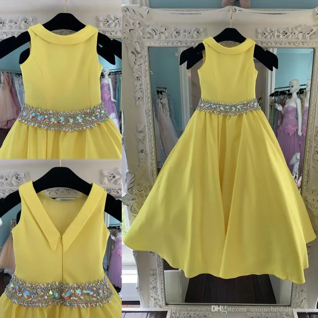 

Yellow Satin Pageant Dresses for Teens 2021 Real Photos Bling Rhinestones Long Pageant Gowns for Little Girls V Back Beaded Wais