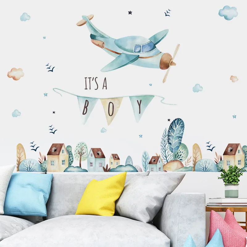 Cartoon Airplane Wall Stickers for Boy Kids rooms Small Town PVC Wall Decals Kindergarten Wall Decor DIY Art Murals Home Decor