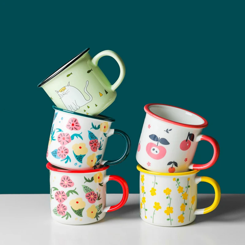 Caneca de imitação de esmalte, estilo nórdico, retrô, desenho animado, flor, leite, café, criativa, cerâmica, casa, água, pequena