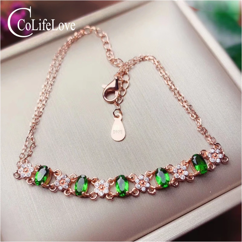 CoLife Jewelry Fashion Silver Bracelet for Young Girl 5 Pieces Natural Diopside Bracelet 925 Silver Diopside Jewelry