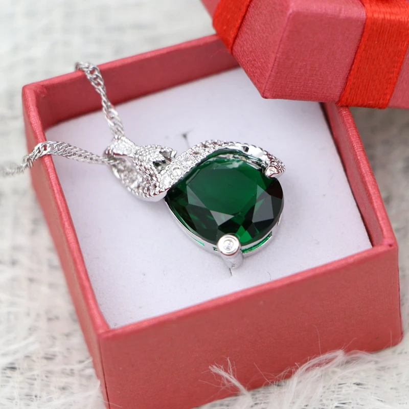 Silver 925 Water Drop Pendant Necklace for Women Wedding Accessories Green Cubic Zirconia White Crystal