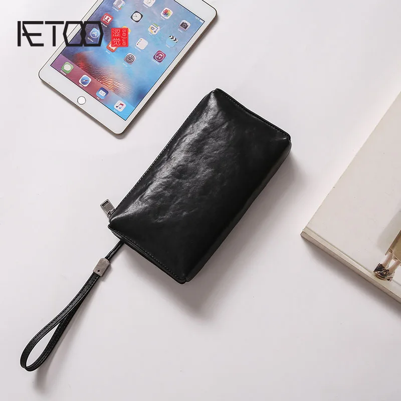 AETOO-Bolsos De cuero curtido para hombre, carteras largas de cuero suave, para verduras