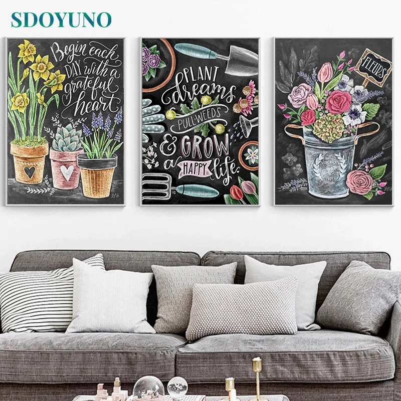 SDOYUNO 3Pcs 40x50cm Painting By Numbers For Adult Flowers DIY Frameless Paint By Numbers On Canvas Handpainted Wall  Art