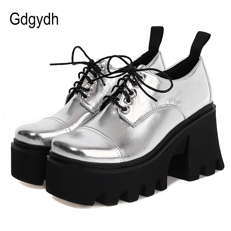 Gdgydh New Fashion Silver Platform Shoes Harajuku Japanese School Shoes Women Chunky Heel Light Comfortable Gothicgirl Lace Up