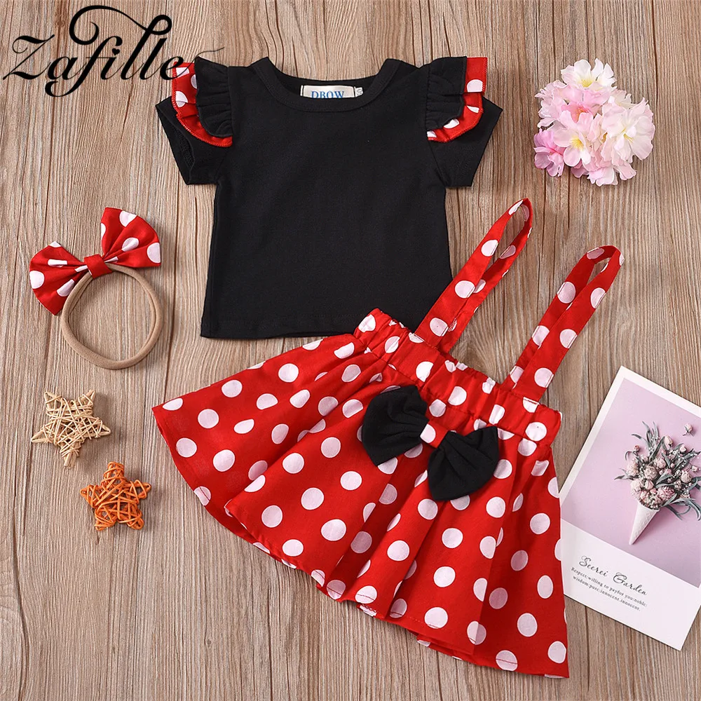 ZAFILLE Baby Costume Girl Suits Set Strap Dress Polka Dots Print Kids Girl Clothing Bowknot Skirt 3pcs Summer Clothes For Babies