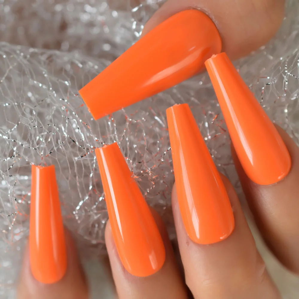 Glossy Neon Orange 24Pcs/Set False Nail Tips Full Cover Ballet Coffin Fake Nails With Glue Sticker French Nail Art Manicure Tool