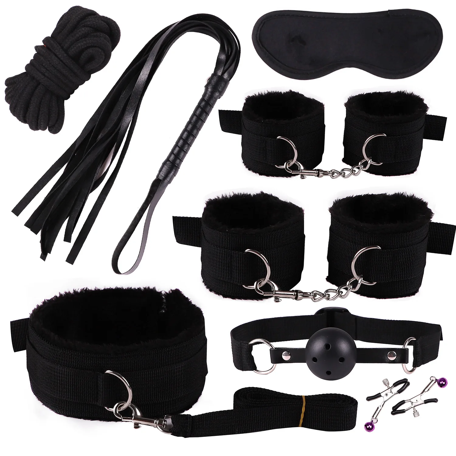 BDSM Bondage Kit 8 Pcs/set Handcuffs Nipple Clamps Mouth Ball Gag Whip Cotton Rope Sex Toys For Couples Eye mask Neck Collar