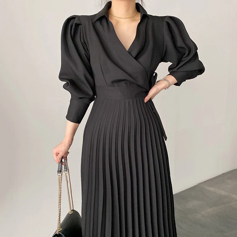 Long Sleeve High Waist Spring Luxury Autumn 2022 Woman Pleated Dress Female A-Line Party Elegant Vintage Maxi Dresses for Women