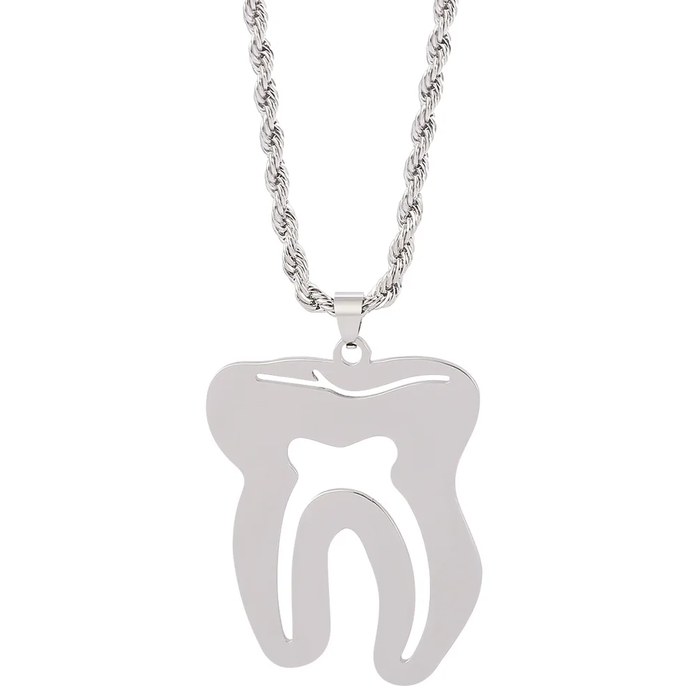 1pc Silver Fashion Creative Cute Dental Tooth Necklace Pendant Stainless Steel Chain Fashion Jewelry For Women Men Dentist Gift