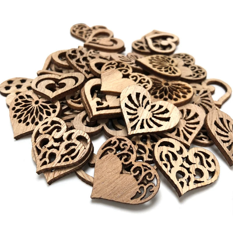 50pcs Heart Natural Wood Chips Openwork Wooden DIY Crafts Scrapbook Embellishments Hanging Ornaments Wedding Party Decor