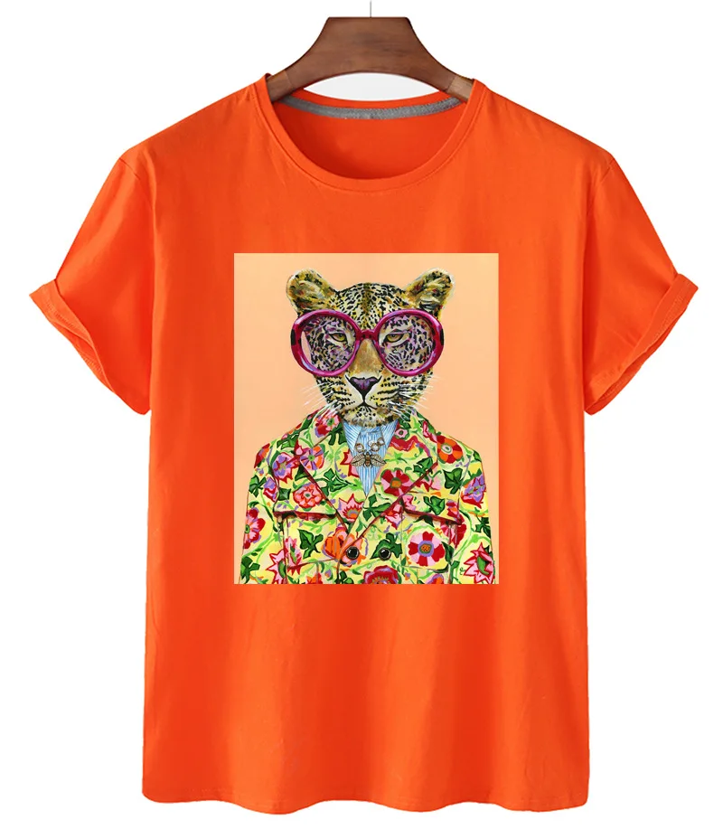 100% Cotton Retro Oil Painting Flower Tiger Shirt Short-sleeved O-neck Loose T-shirt Female Plus Size T-shirt Men And Women 4XL