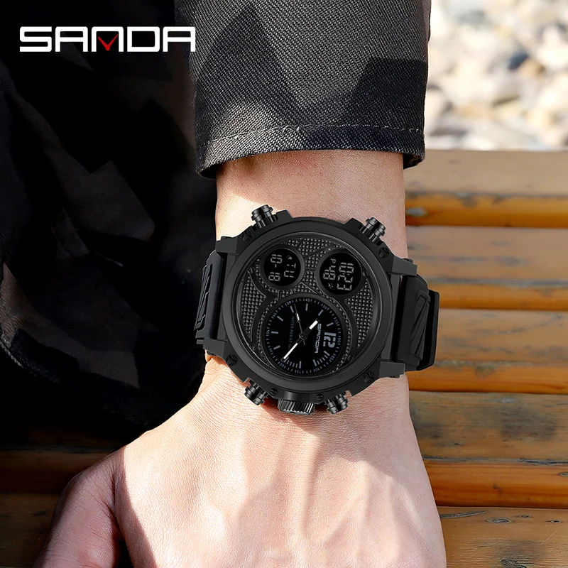 SANDA Three Time Display Quartz Watch for Men LED Sport Digital Watches 50m Waterproof ElectronicWristwatch Alarm Clock Relogio