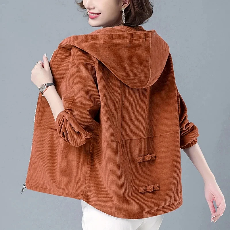 Women Spring Autumn Corduroy Jacket 2022 Female New Korean  LooseShort Jacket Middle-aged Mother Hooded Jacket A486