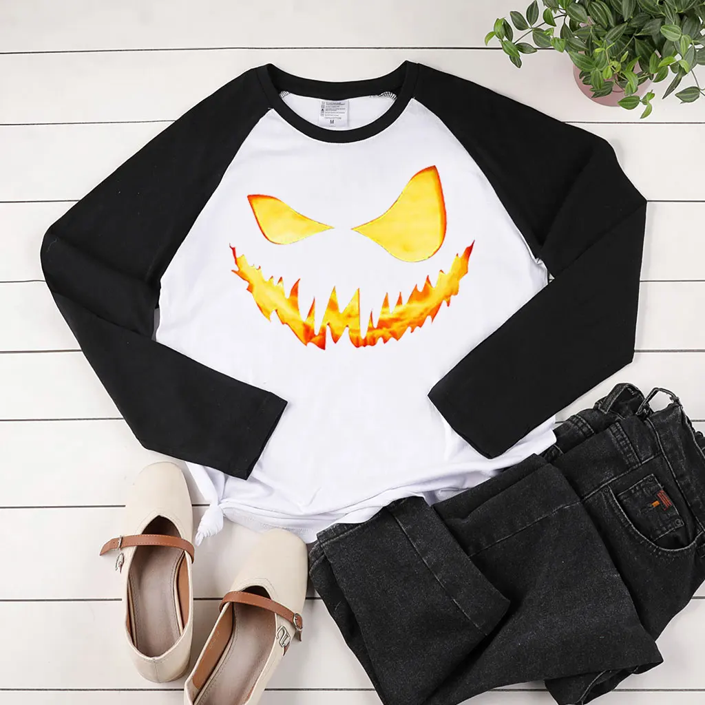 Women Autumn Winter Woman Tshirts Two-tone Stiching Tops Female Pumpkin Emotions Printing Halloween Long Sleeve T-shirts