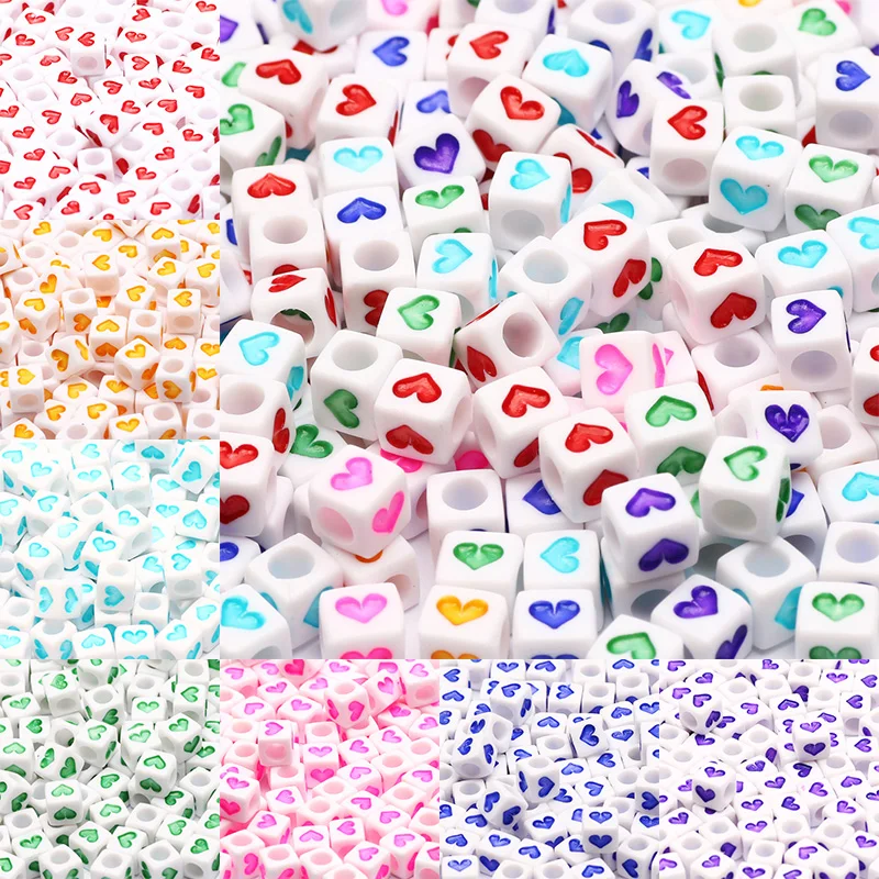 6mm Multicolor Heart Acrylic Beads Square Cube Loose Spacer Beads For Jewelry Making Diy Bracelet Necklace Charms Accessories