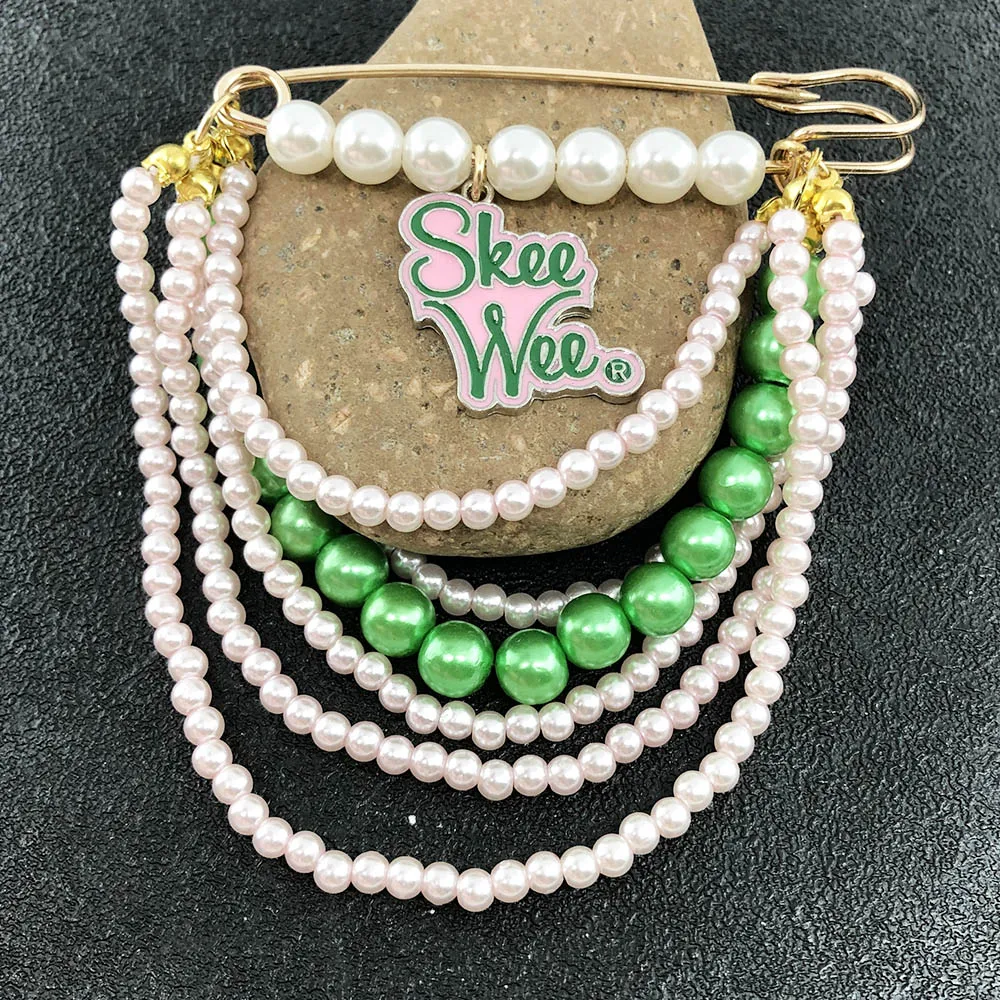 Handmade Greek Sorority Metal Pearl Chain Greek Letter Pin Founded Pink Green Pearl Brooches Apparel Jewelry