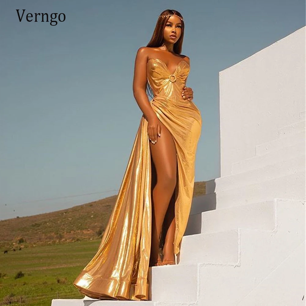 Verngo – robe de soirée dorée Sexy, longue, avec fente latérale haute, scintillante, pour occasions spéciales