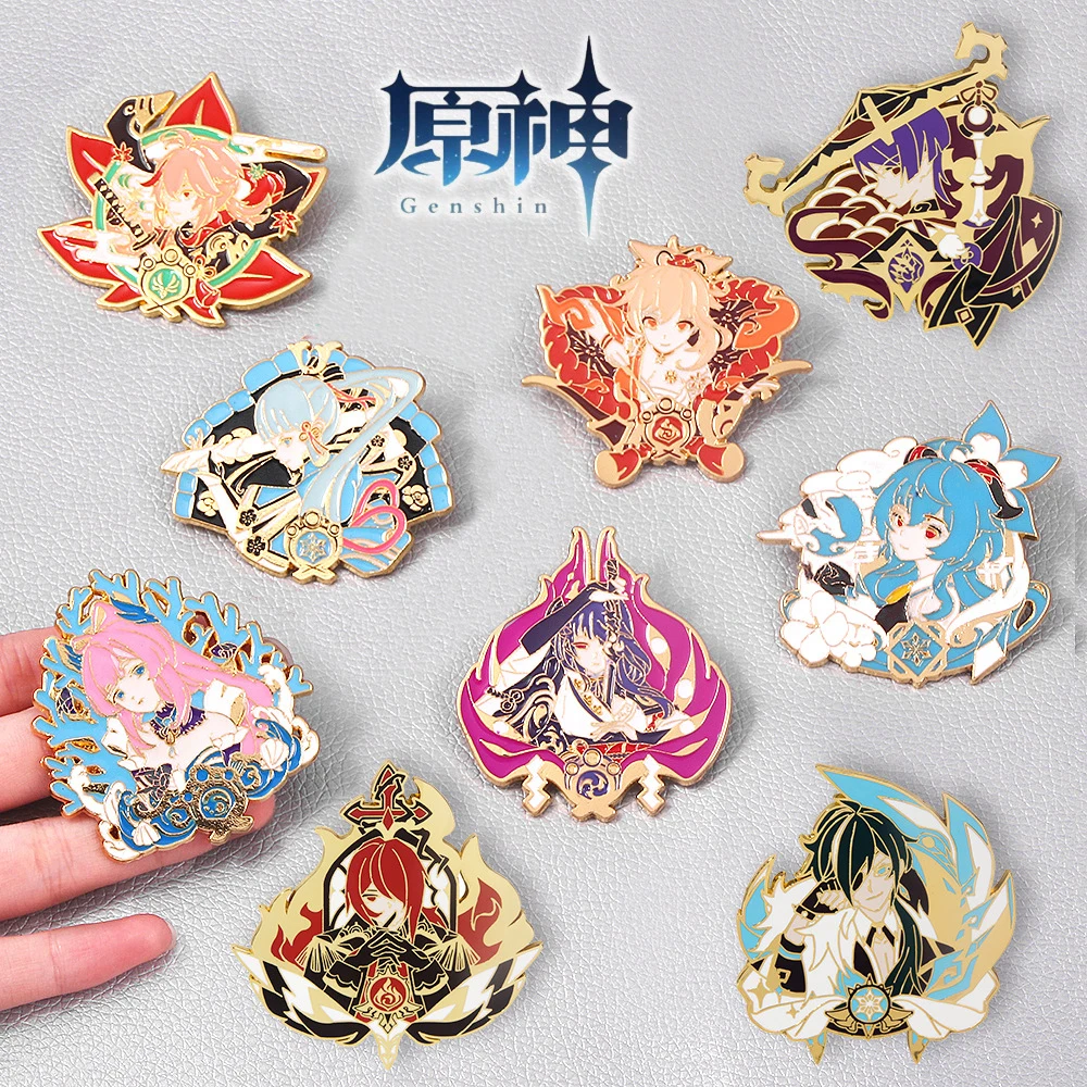 Genshin Impact Wendi Ganyu Yoimiya Pin Tartaglia Kazuha Keqing Xiao Figure Metal Badge Pins Brooch Lapel Cosplay Gift Jewelry