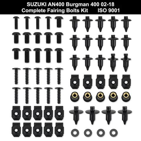 Подходит для мотоцикла Suzuki AN400 Burgman 400 2002-2018, полный комплект болтов для обтекателя, зажимы для обтекателя, винты для корпуса, нержавеющая сталь