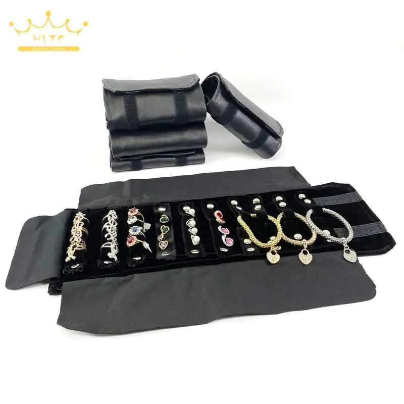 

Jewelry Storage Portable Small Roll Bag Outer Black Pu Lychee Pattern Leather Inner Black Velvet Cloth Ring Collection Bag