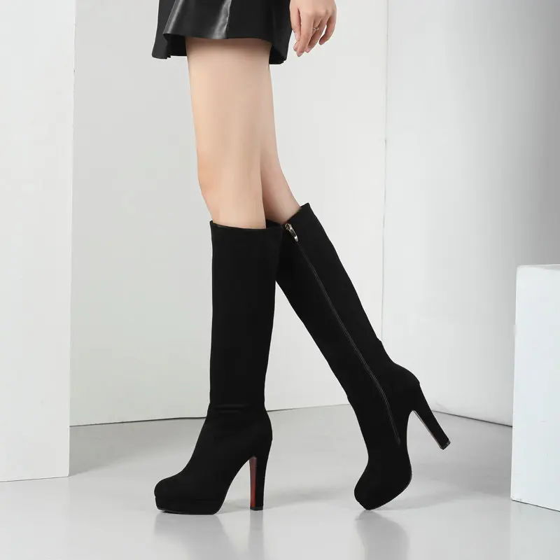 Flock Women Knee High Boots Fashion Platform Thick Heel Women Boots Side Zipper 2020 Ladies Winter Boots Big Size 34-43