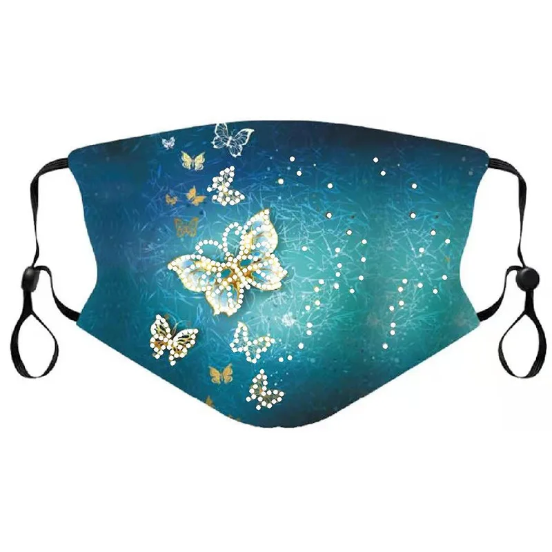 New Shiny Rhinestone Butterfly Print Pattern Cotton Reusable Washable Mask  Face Decor Jewelry