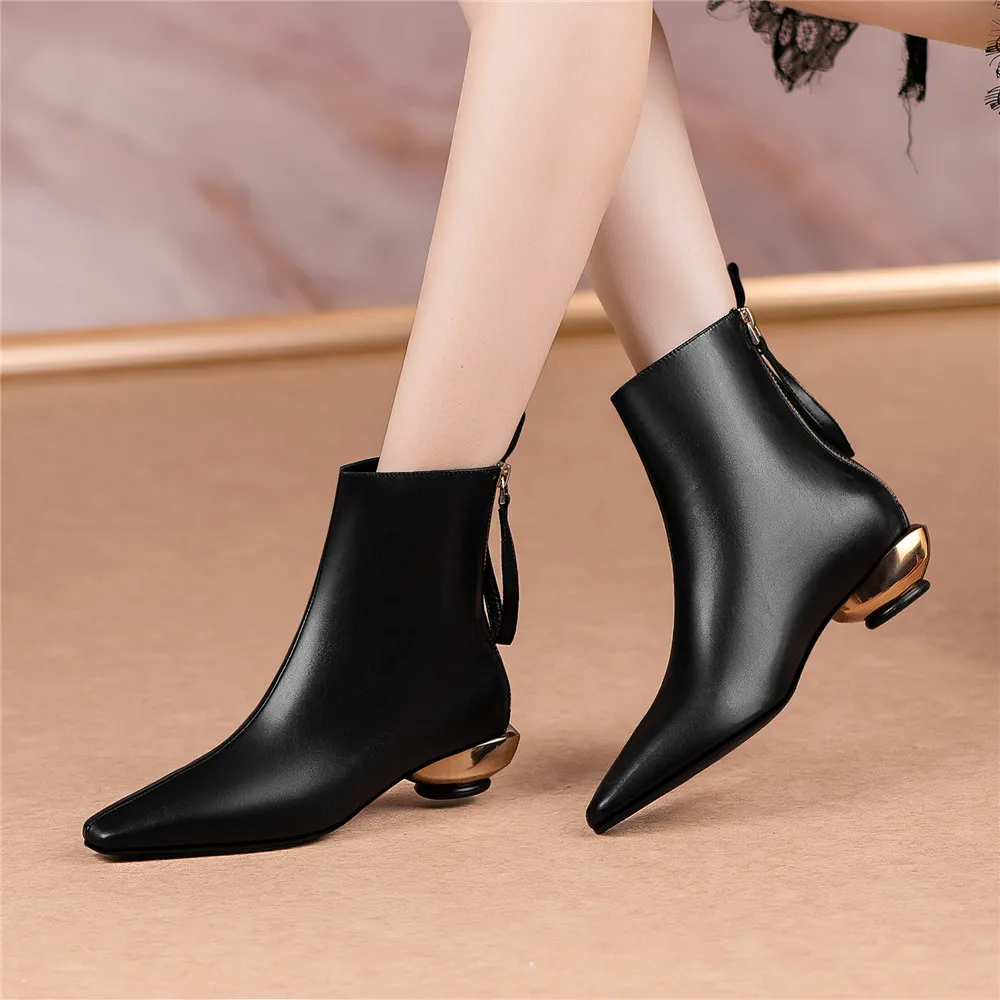 MILI-MIYA New Concise Design Women Full Genuine Leather Ankle Boots Solid Color Thick Heels Pointed Toe Zippers Big Size 34-42