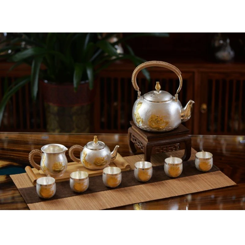 Silver pot 999 sterling silver handmade tea set Japanese retro teapot kettle home tea ceremony Kungfu tea set 1000ml