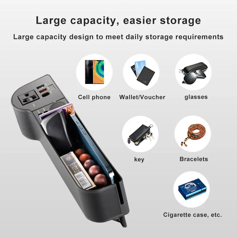 SEAMETAL Car Organizer with 12V/24V to 220V Inverter Seat Crevice Storage Box 4-USB Ports QC3.0 Fast Charging for Smartphone