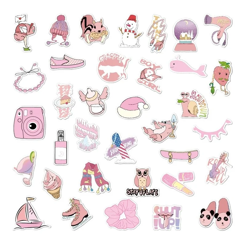 

2Set = 70pcs Removable Pink Small Fresh Sticker Personalized Doodle Suitcase Waterproof Sticker