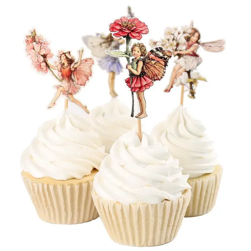 Set aus 24 Blumen-Fee-Cupcake-Toppern für Kuchendekoration, Zahnstocherkarten für den Desserttisch und Geburtstagskuchendekoration – Detail 1