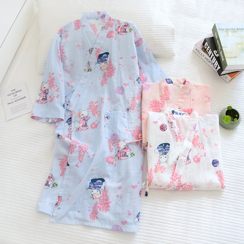 Spring Women Casual Comfortable Robes Cute Print Pajamas 100% Cotton Loose Kimono Bathrobe Hanfu Home Nightgown Sleepwear