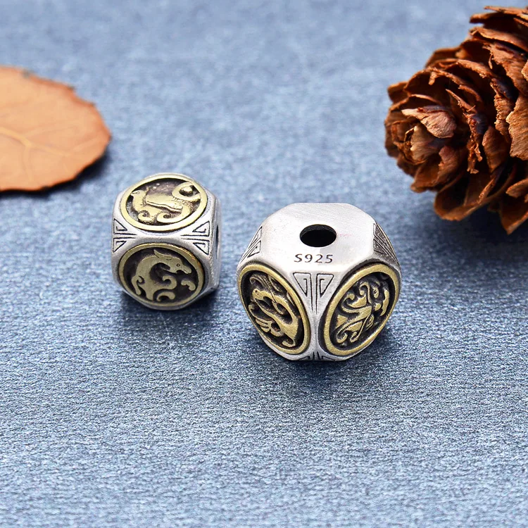 Handcrafted 925 Silver The Chinese Four Mythic Beasts Bead Lucky Amnial Beads Good Luck Loose Beads DIY Jewelry Accessories
