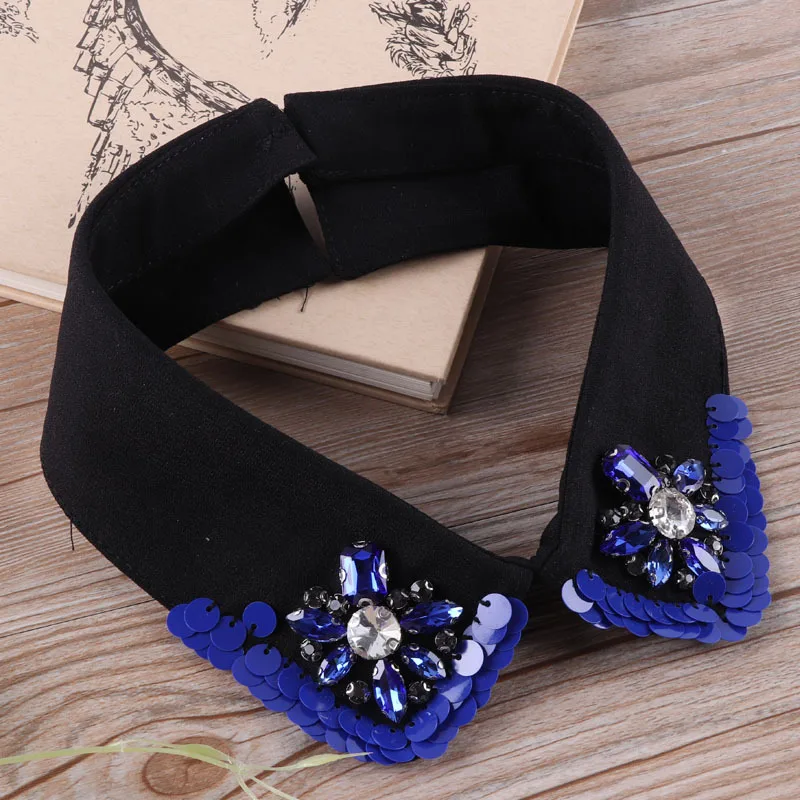 Women Neckwear Tie Pearl Bead Sequin Neckline Fake Collar Rhinestone Flower Detachable False Collar Removable Lapel Blouse Tops