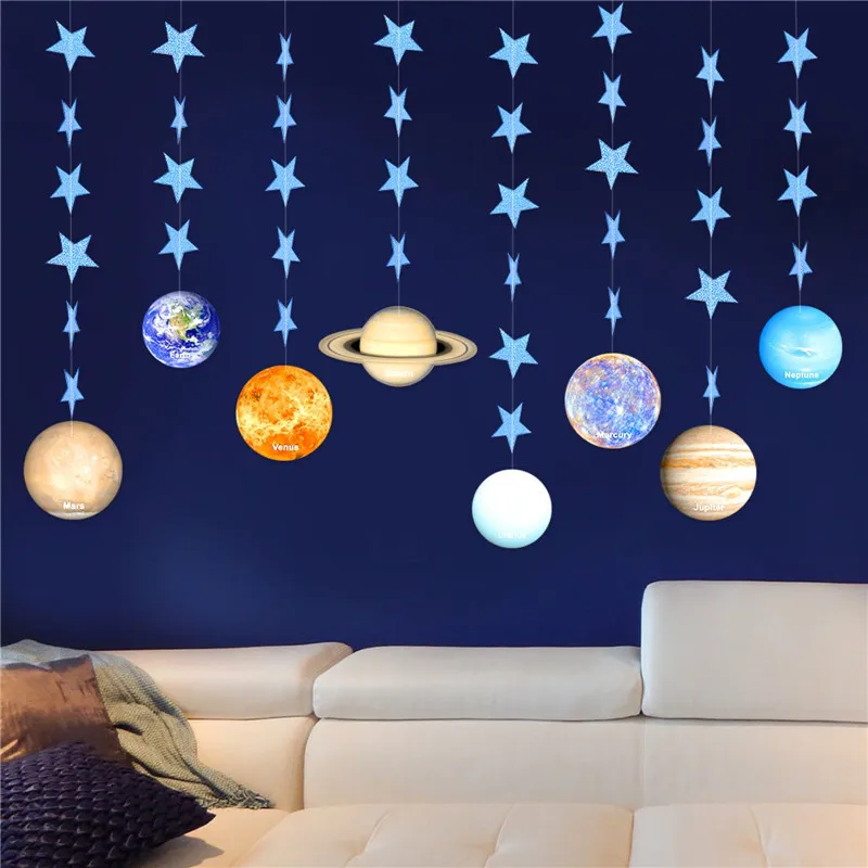 Universe Eight Planets Garlands Night Starry Sky Theme Banner Space Galaxy Happy Birthday Party Decor Kids Boys DIY Hanging Flag