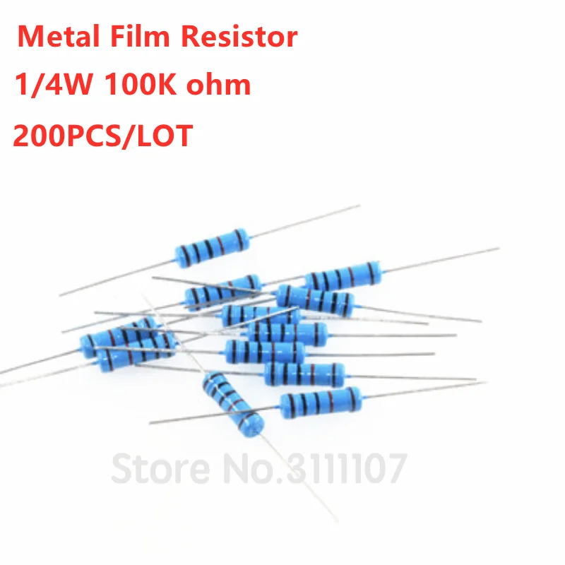 

200PCS 1/4W 100K ohm resistor +/- 1% 1/4w 100KR ohm Metal Film Resistors / 0.25W Watt Color Ring Resistance Carbon Film