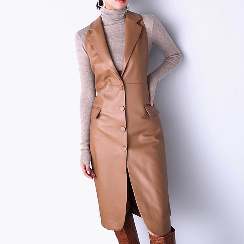 Autumn Chaleco Mujer Sheepskin Suit Sleeveless Lapel Slim Single-Breasted Sheath Dress Gilet Femme Coffee Real Leather Jaqueta