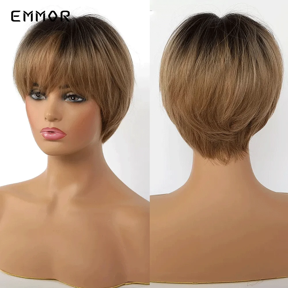 Emmor peruca de cabelo sintético, peruca curta com ombré preto a marrom, em camadas, natural com franja resistente ao calor