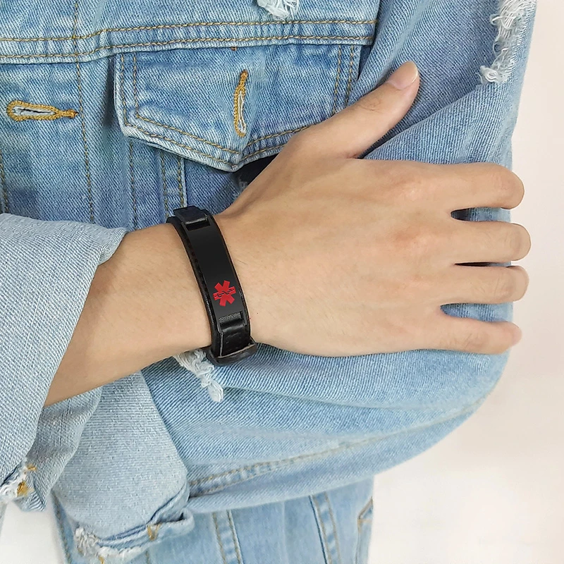 Personalized Leather Medical Alert ID Bracelets Men Women Free Custom DIABETES Allergy Emergency Remind Wristband Jewelry