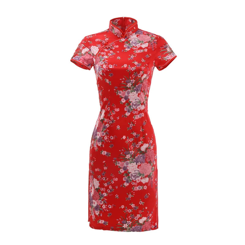 Sexy magro vestido de verão senhoras curto cheongsam tradicional estilo chinês vestido rayon impressão floral palco mostrar qipao