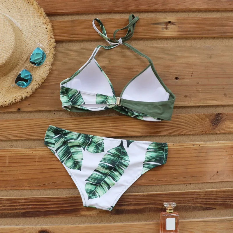 Conjunto de Bikini con Push-Up para mujer, traje de baño Sexy con estampado de hojas y cuello Halter, ropa de playa, 2020