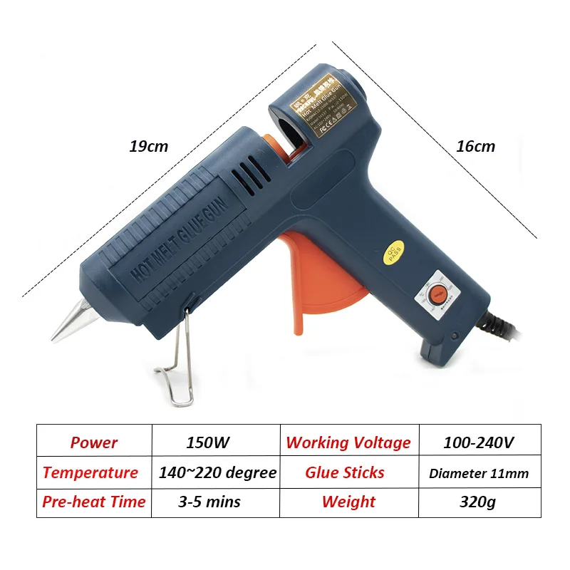 Pistola de pegamento de fusión en caliente, 110V, 220V, 150W, temperatura ajustable, juego de pistola de fusión en caliente para barra de pegamento de 11mm, bolsa de herramientas de reparación
