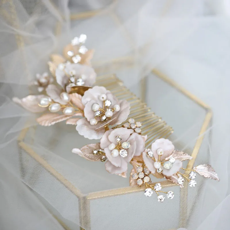 Floralbride Vintage Baroque Alloy Flower Freshwater Pearls Bridal Hair Comb Wedding Hair Accessories Bridesmaids Women Jewelry